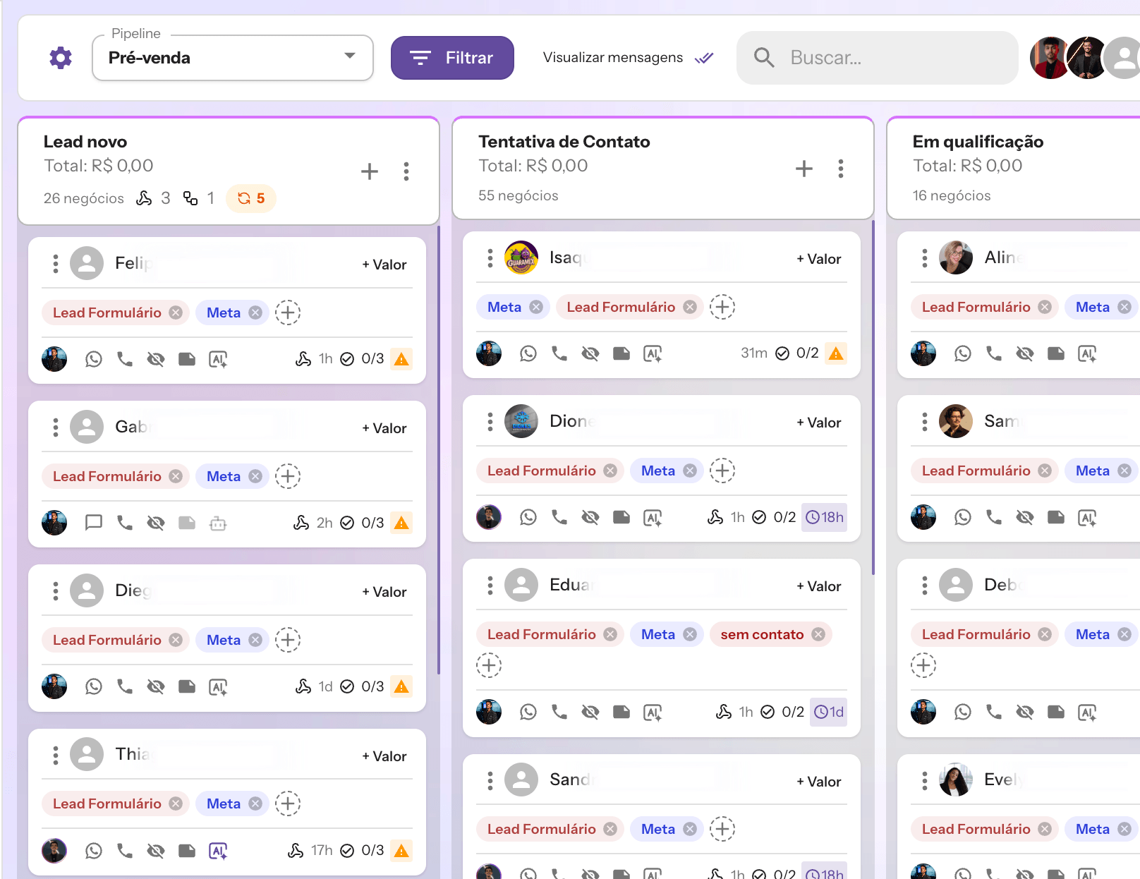Painel de kanban da operação comercial.